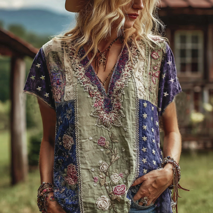 Women's Vintage American Western Country Style Floral And Stars Embroidered Linen Blend V-neck T-shirt elevenforest