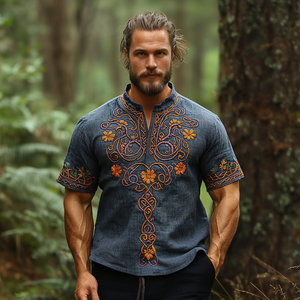 Men's Vintage Floral Embroidery Print Shirt elevenforest