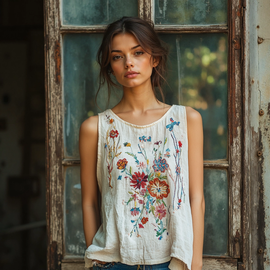 Comstylish Vintage Flowers Embroidery Art Linen Sleeveless Top