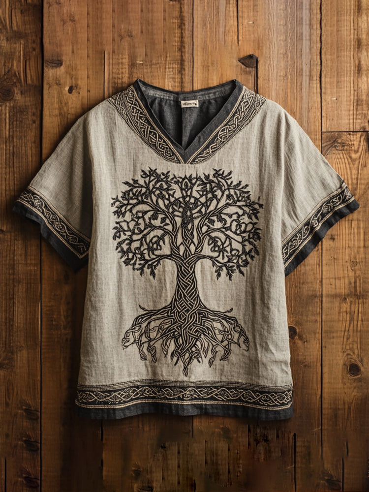 Men's Viking Life Of Tree Celtic Knot Art Linen V-neck T-shirt elevenforest