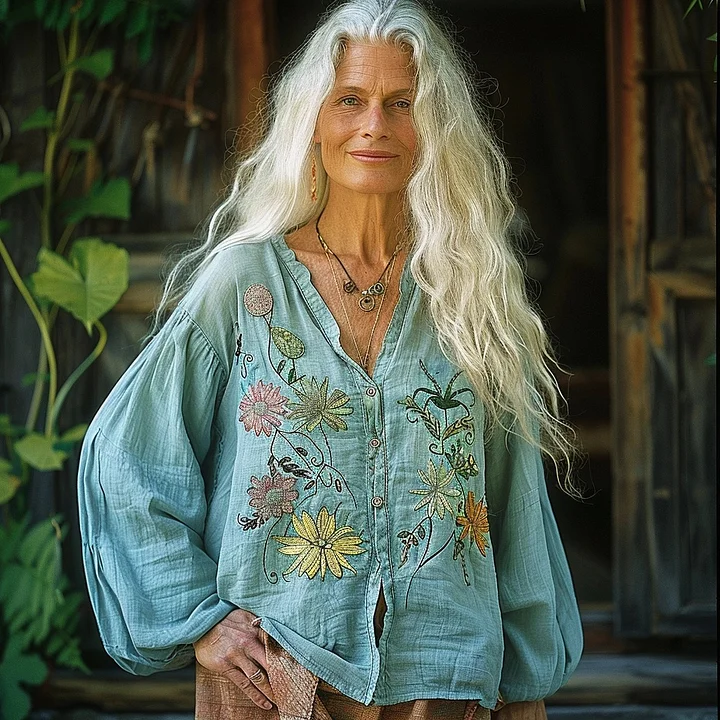 Vintage Bohemian Style Linen Floral Art Print Long Sleeve Loose  Shirt elevenforest