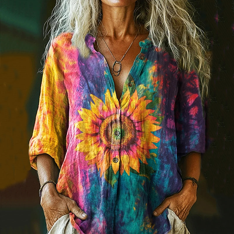 Women's Colorful Tie-dye Sunflower Art Print Casual Linen Shirt elevenforest