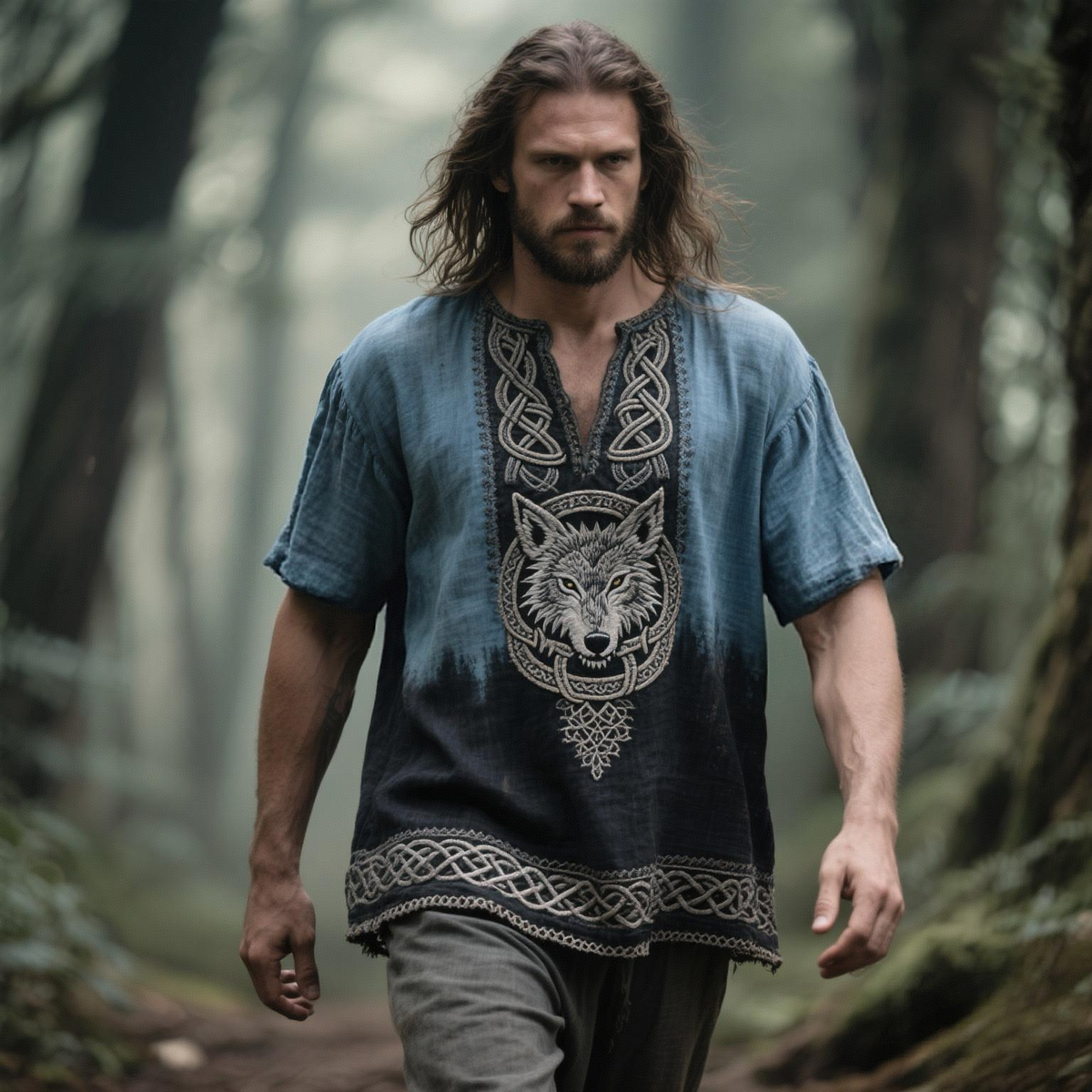 Men's Viking Wolf Embroidered V-neck Linen Blend Shirt elevenforest