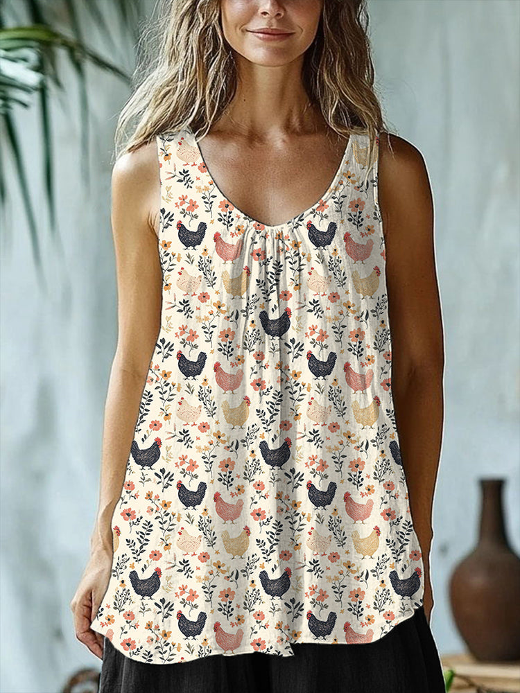 Comstylish Farm Chicken & Floral Print Ruffled Linen Tank Top