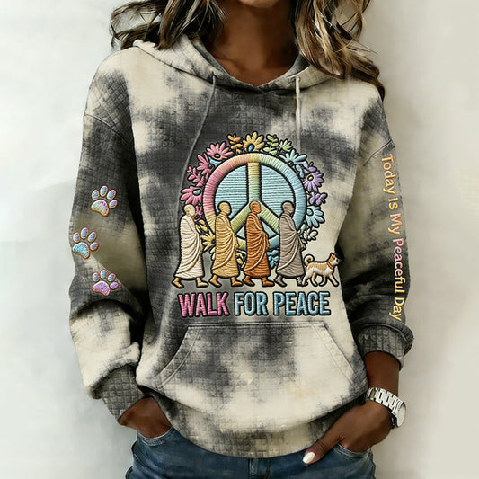 Comstylish Peace Walking In Hippie Tie Dye Art Embroidered Art Print Casual Hooded Sweatshirt
