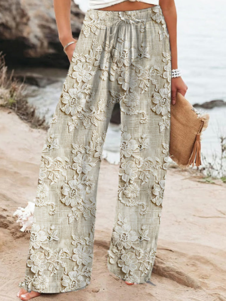 Comstylish Women's Casual Retro Embroidered Floral Print Pants