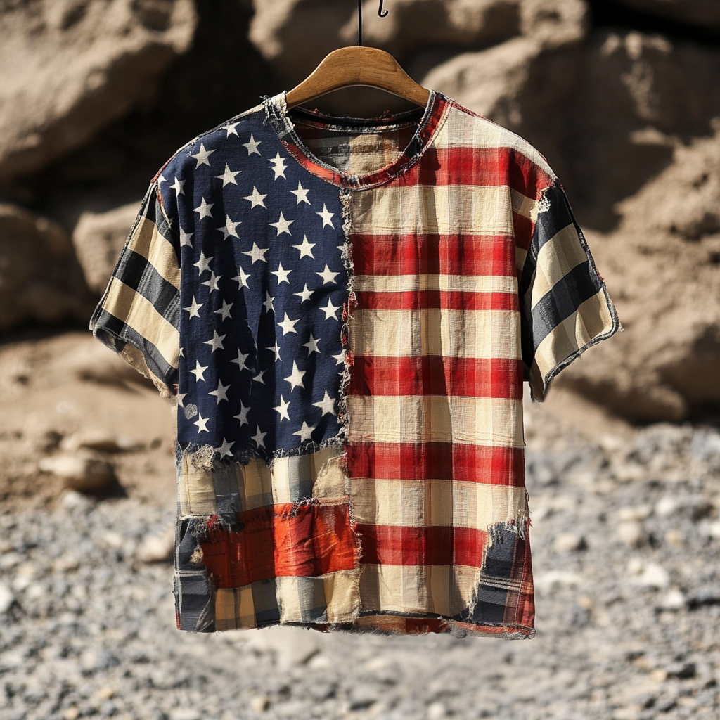 Men's Vintage Independence Day Check Distressed Tassel Design T-shirt elevenforest