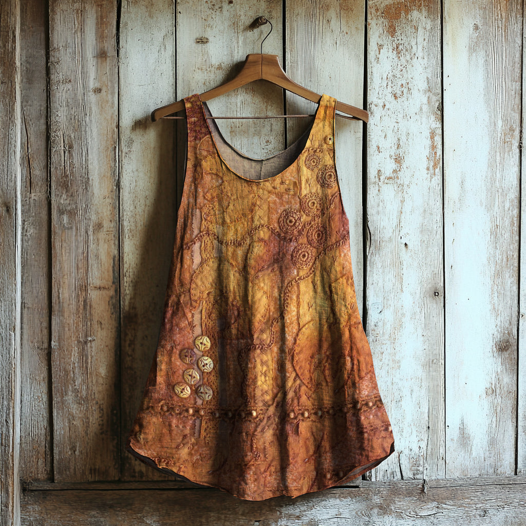 Comstylish Women's Vintage Rust Dyed Embroidered Art Linen Blend Tank Top