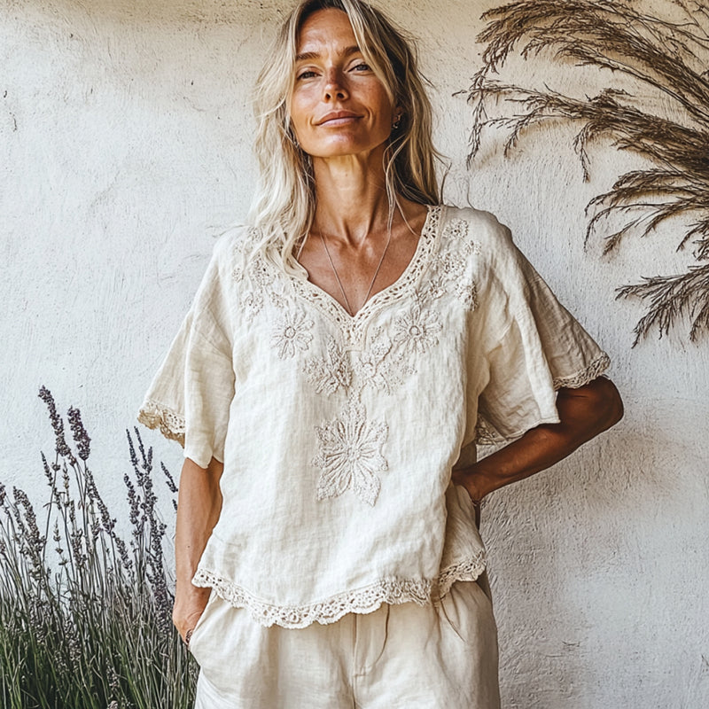 Vintage Floral Art V Neck Cotton Linen Comfy Shirt elevenforest