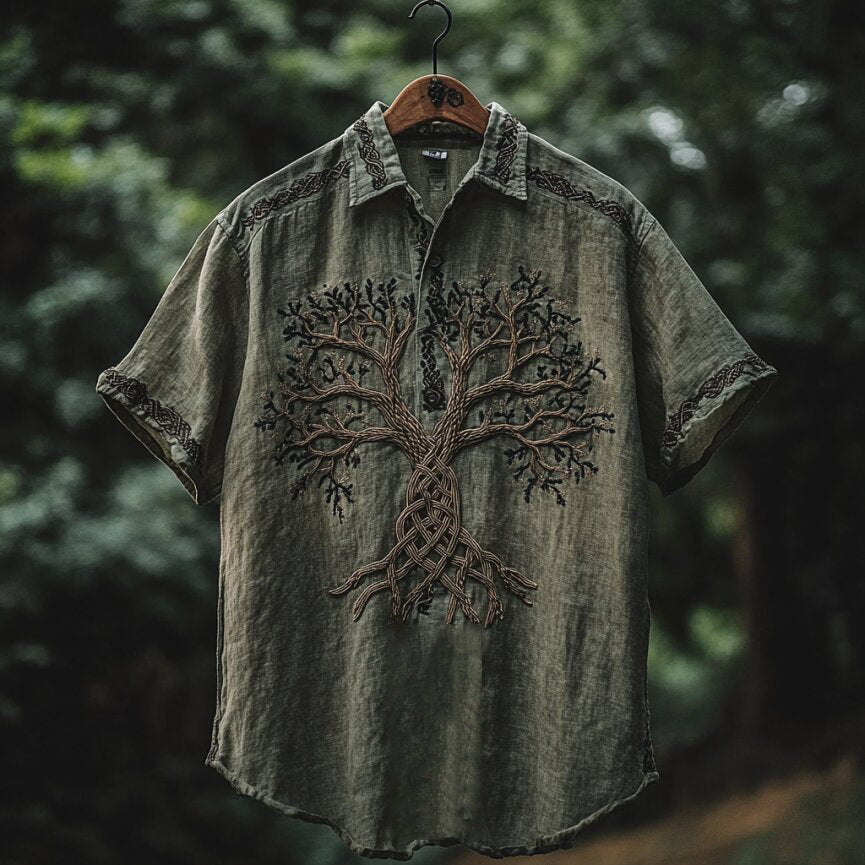 Men's Viking Tree Of Life Embroidery Pattern Lapel Shirt elevenforest