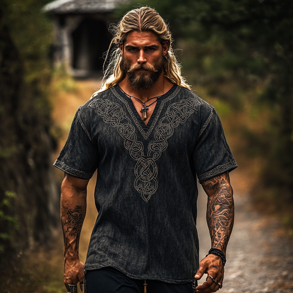 Men's Viking Celtic Knot Art Linen Blend Shirt elevenforest