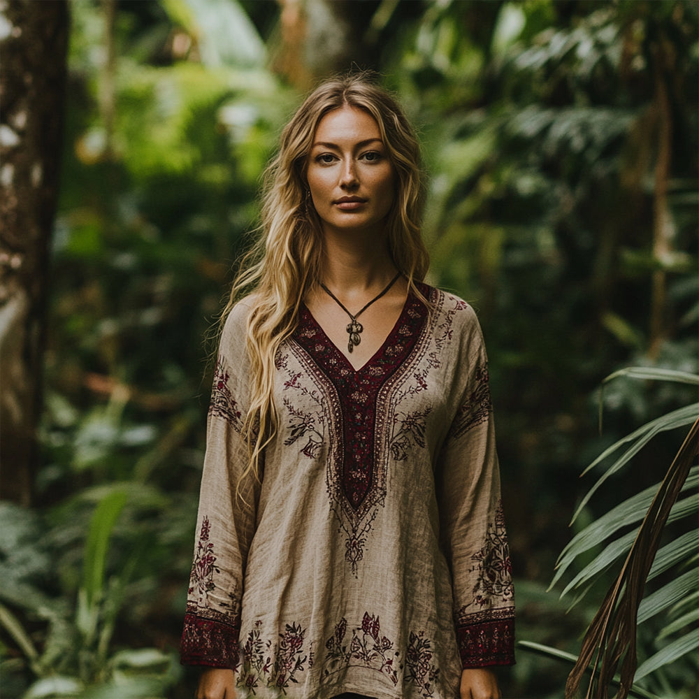 Vintage Bohemian Embroidered Linen V-neck Shirt elevenforest