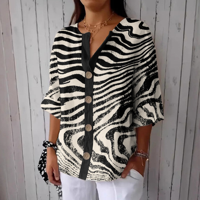 Comstylish Women's Stripe Art Print Button Linen Blend Shirt