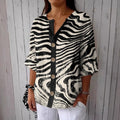 Women's Stripe Art Print Button Linen Blend Shirt elevenforest