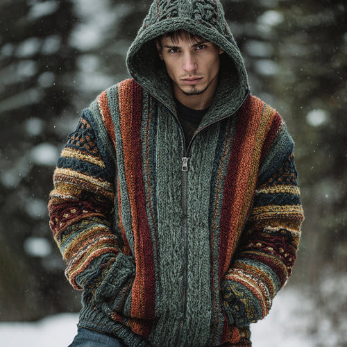 Men's Vintage Colorful Striped Celtic Art Jacquard Thick Warm Zip Hooded Sweater Cardigan elevenforest