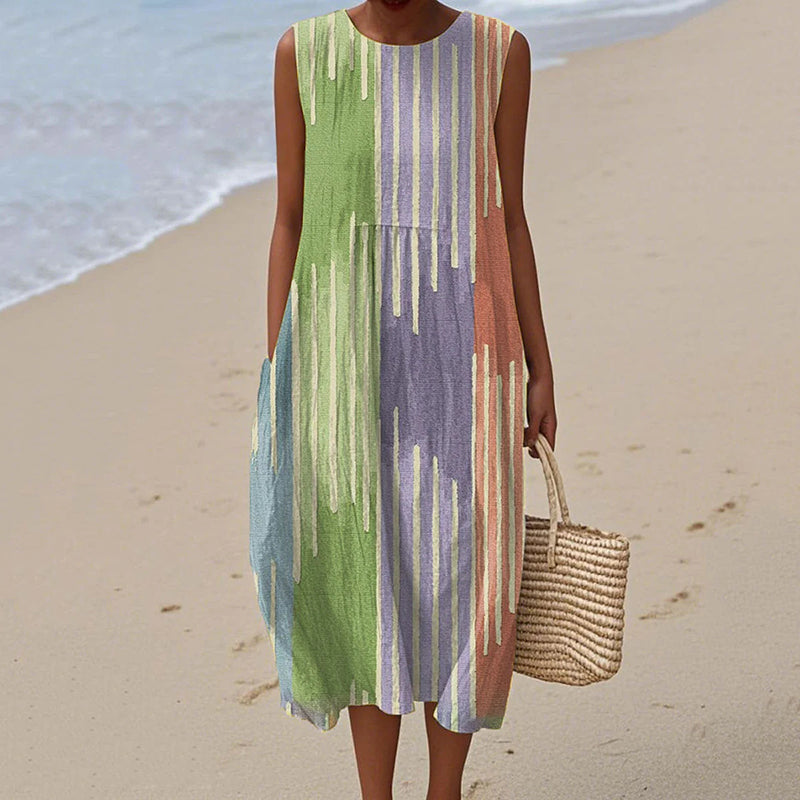 Comstylish Women's Vintage Abstract Geometric Art Print Linen Tank Dress