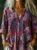 Women's Vintage Boho Floral Art Print Casual Cotton Linen Shirt