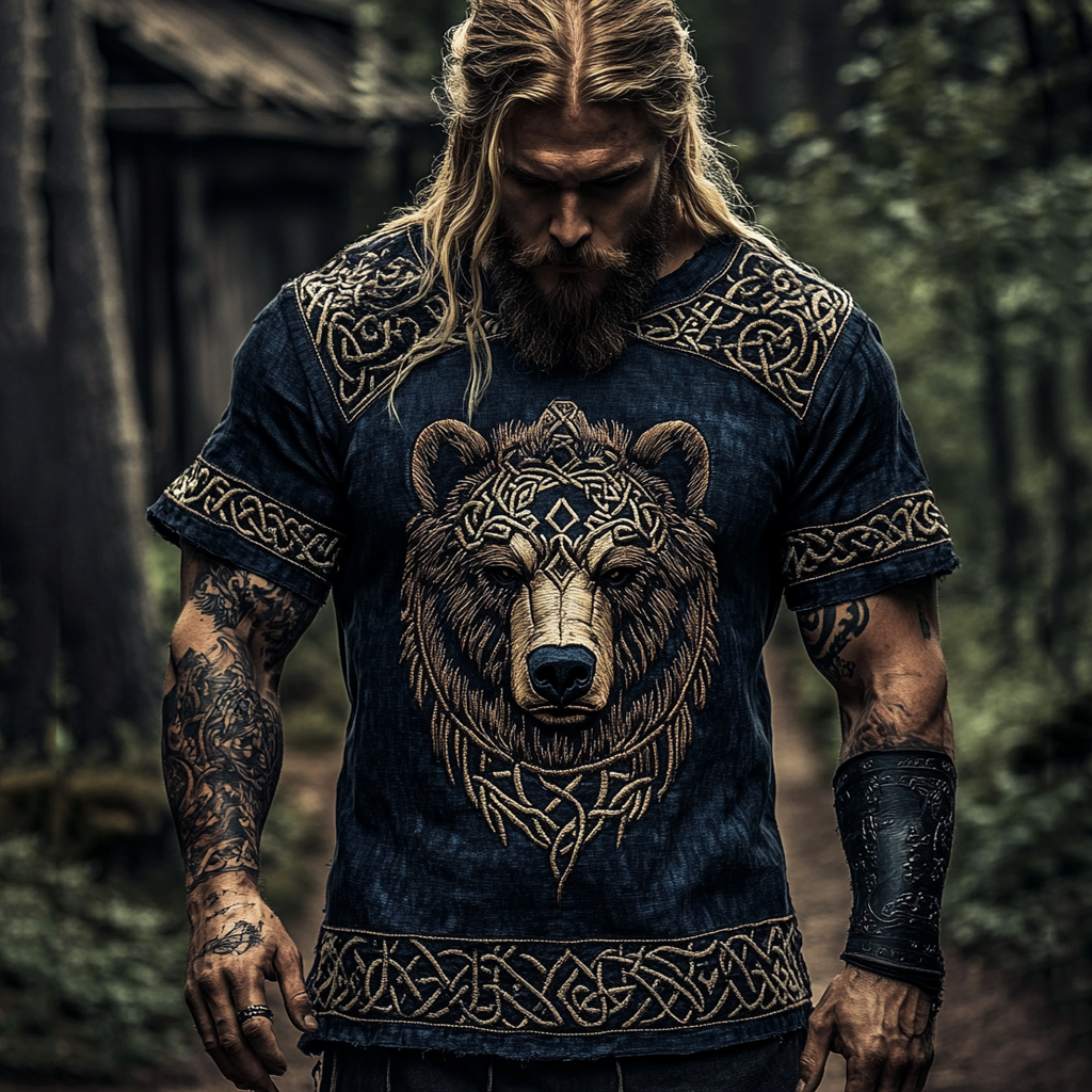 Retro Nordic Viking Mythology Bear Head Contrast Celtic Shirt elevenforest