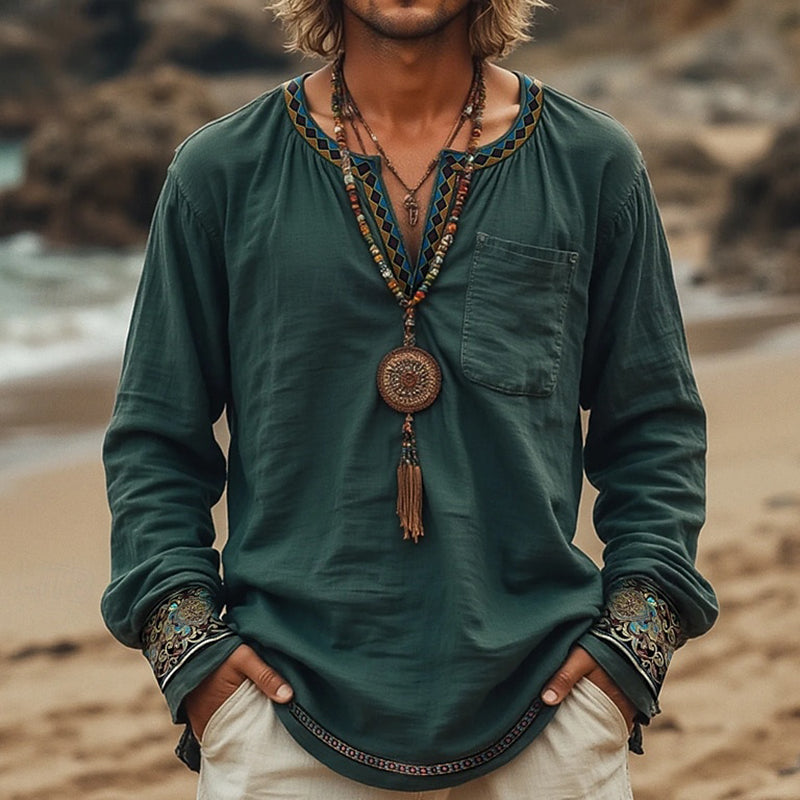 Men's Summer Beach Ethnic Style Art Print Linen T-shirt elevenforest