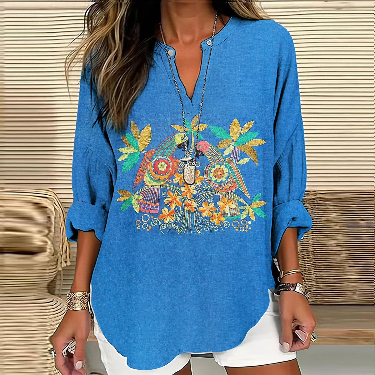 Comstylish Women's Vintage Floral Bird Art Embroidery V-neck Shirt