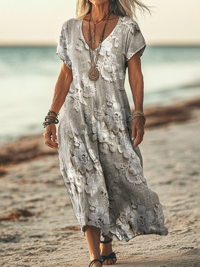 Women's Floral Textured Art Print Sleeveless V-Neck Pocket Cotton Dres