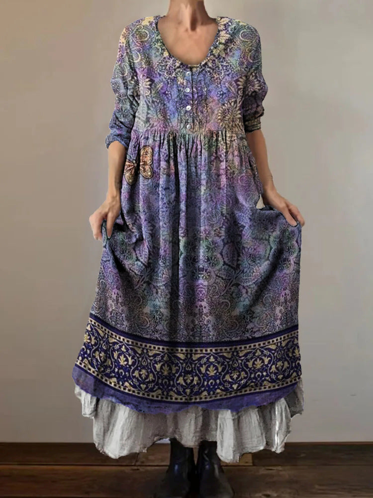 Women's Art Floral Hippie Vintage Print V Neck Dress