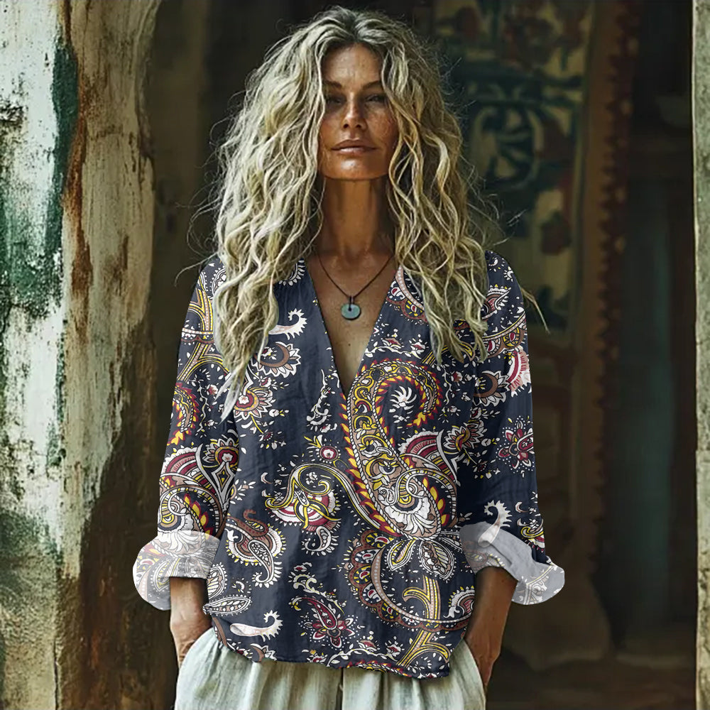 Paisley Art Print Cotton And Linen V-neck Loose Shirt elevenforest