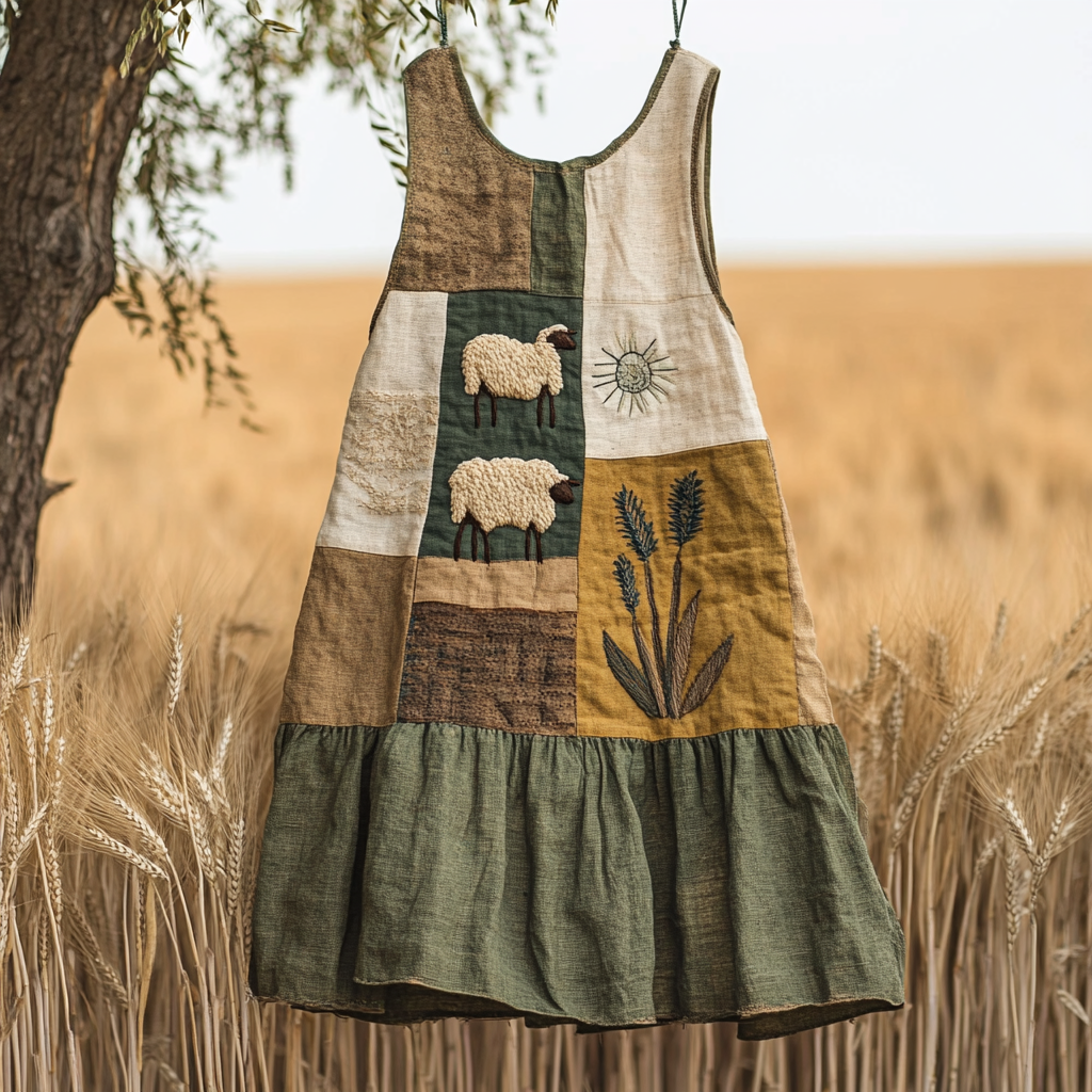 Vintage Sheep Flowers Patchwork Print Linen Tank Top elevenforest