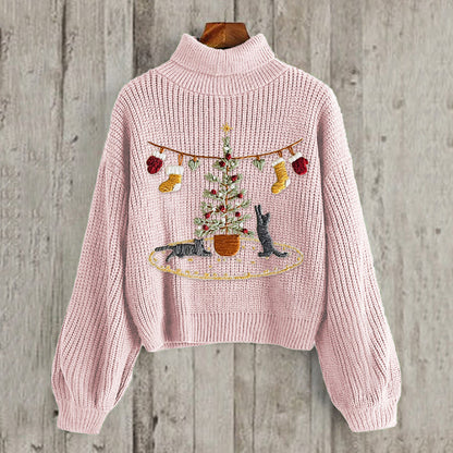 Women's Cat And Christmas Tree Embroidery Art High Collar Cozy Sweater elevenforest