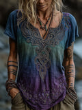 Viking Celtic Knot Gradient Art Women's Linen V Neck T-shirt elevenforest