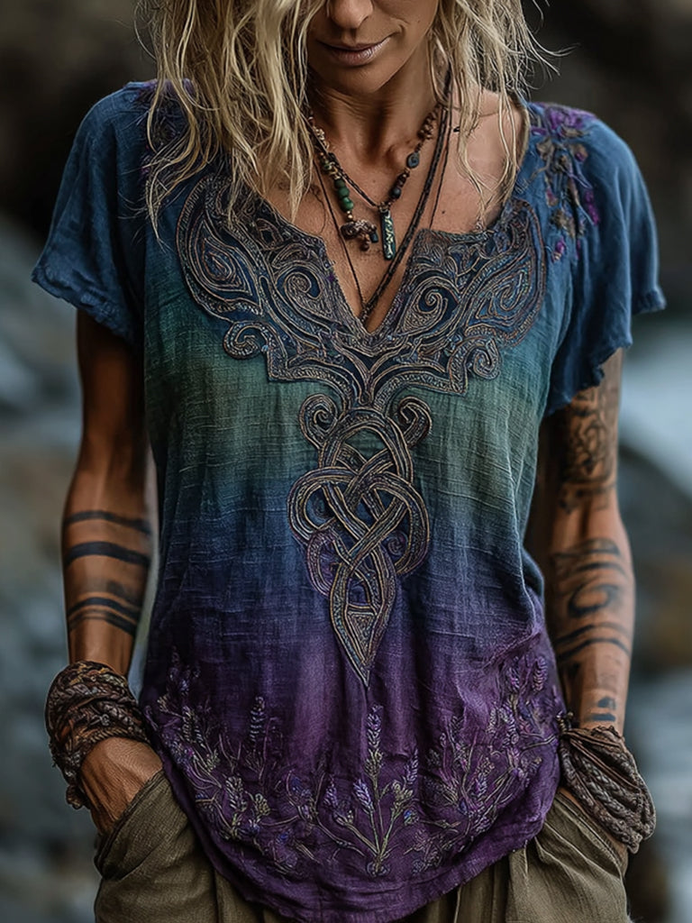 Viking Celtic Knot Gradient Art Women's Linen V Neck T-shirt elevenforest