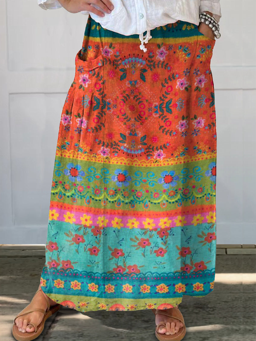 Women's Colorful Flower Stripes Print Linen Pocket Skirt