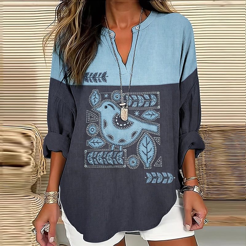 Comstylish Women's Vintage Floral Bird Art Linen Long-sleeved Shirt