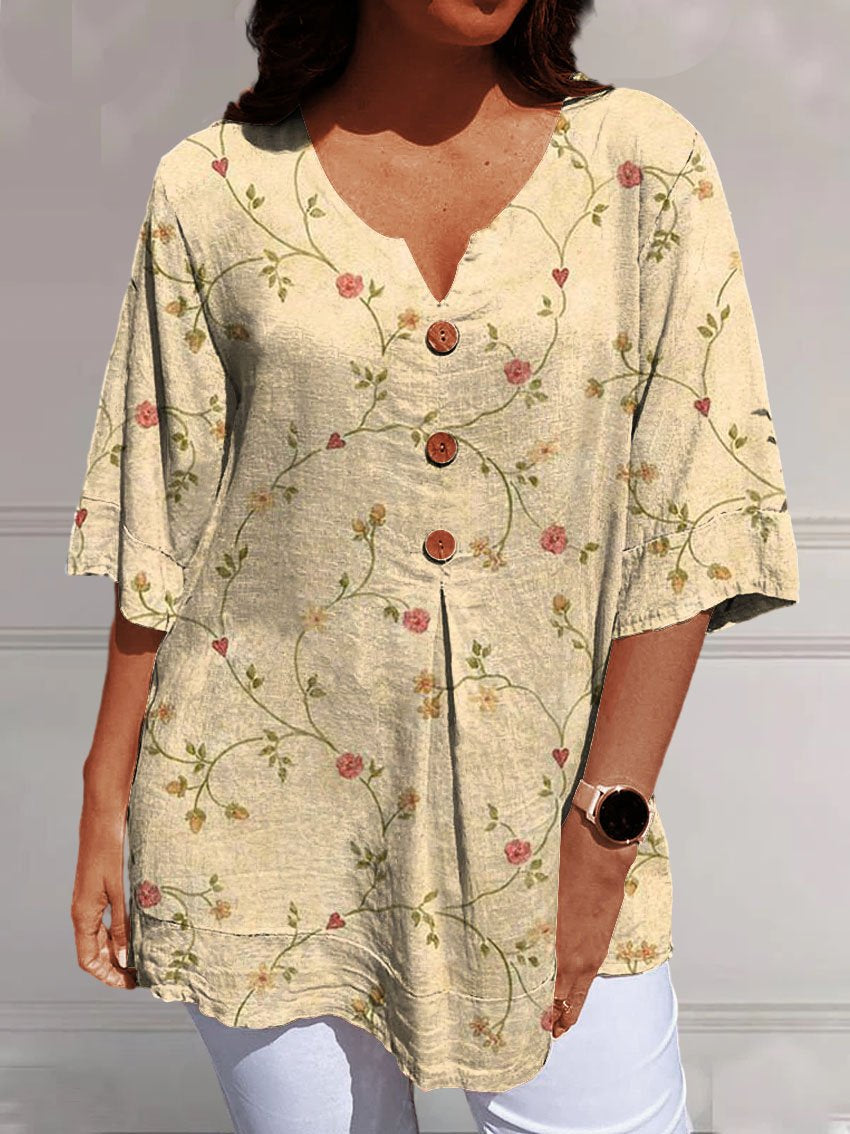 Women's Elegant Retro Floral Art Print Casual Cotton And Linen V-neck Shirt