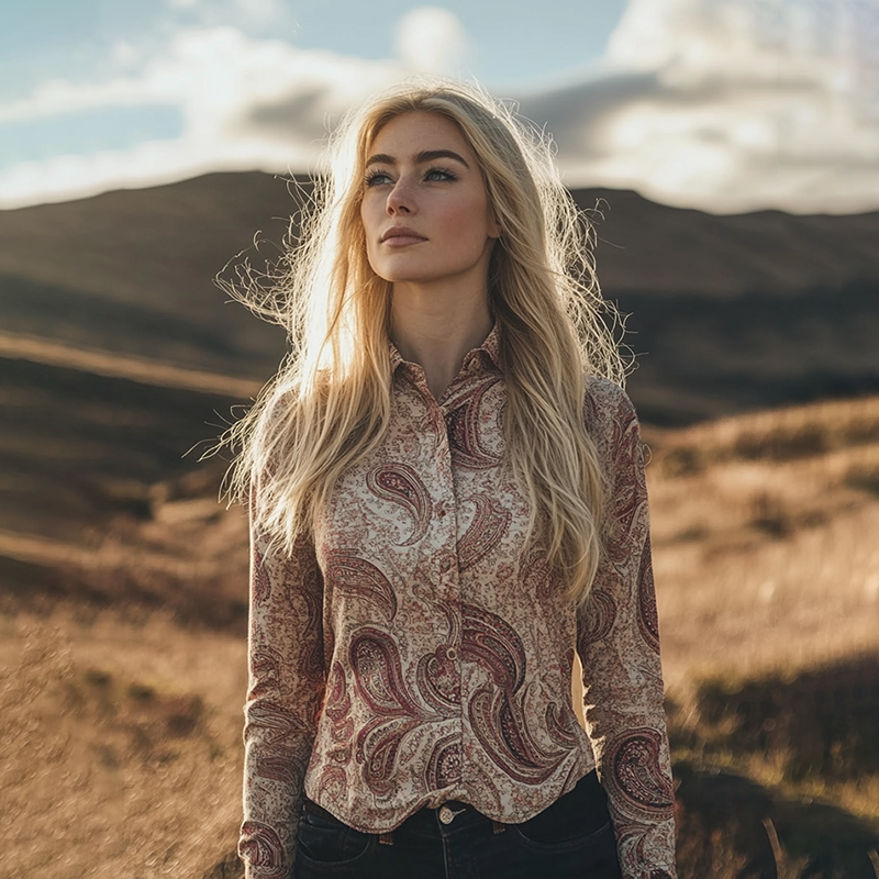 Paisley Pattern Style Linen Print  Long Sleeve Shirt elevenforest