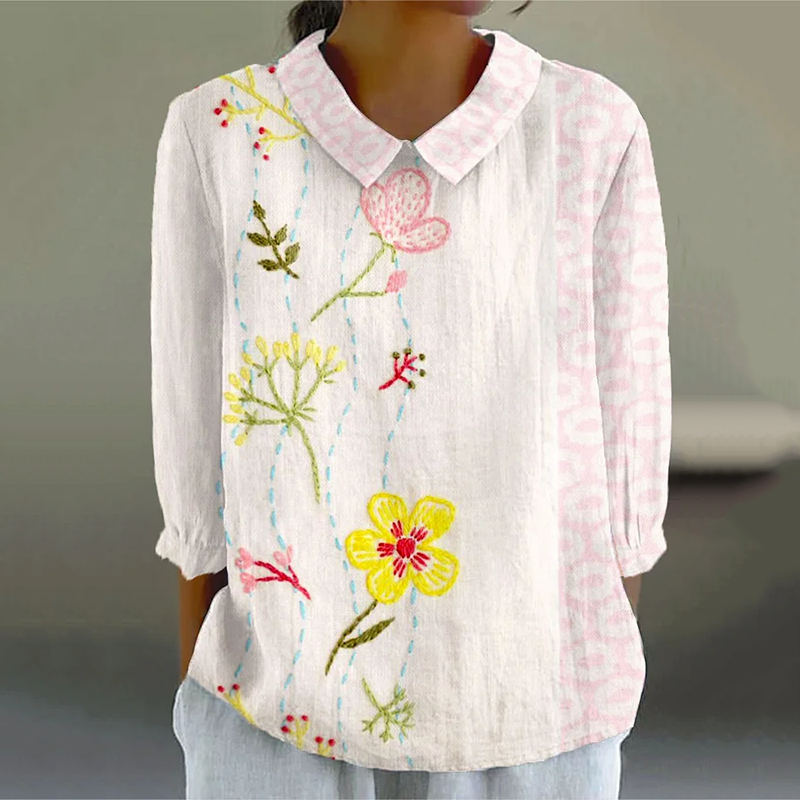 Comstylish Women's Vintage Flower Art Print Casual Cotton And Linen 3/4 Sleeve Shirt