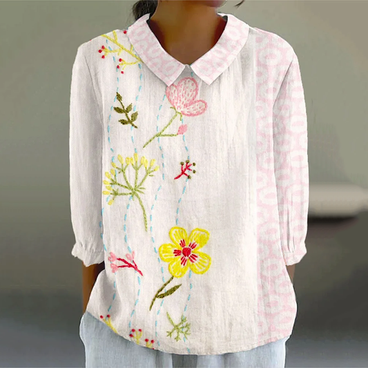 Comstylish Women's Vintage Flower Art Print Casual Cotton And Linen 3/4 Sleeve Shirt
