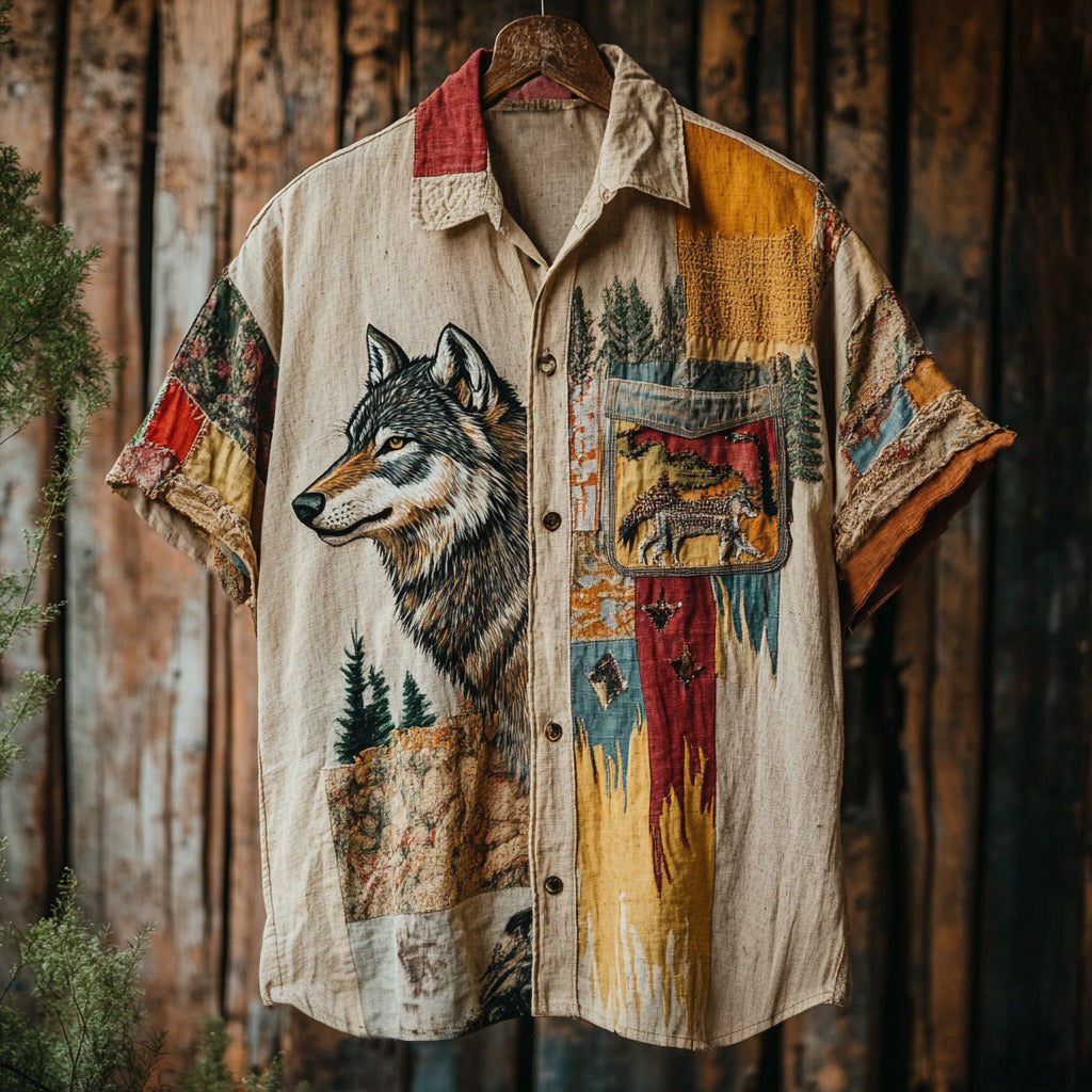 Men's Retro Wolf Patchwork Contrast Color Support Our National Parks Art Linen Casual Shirt elevenforest