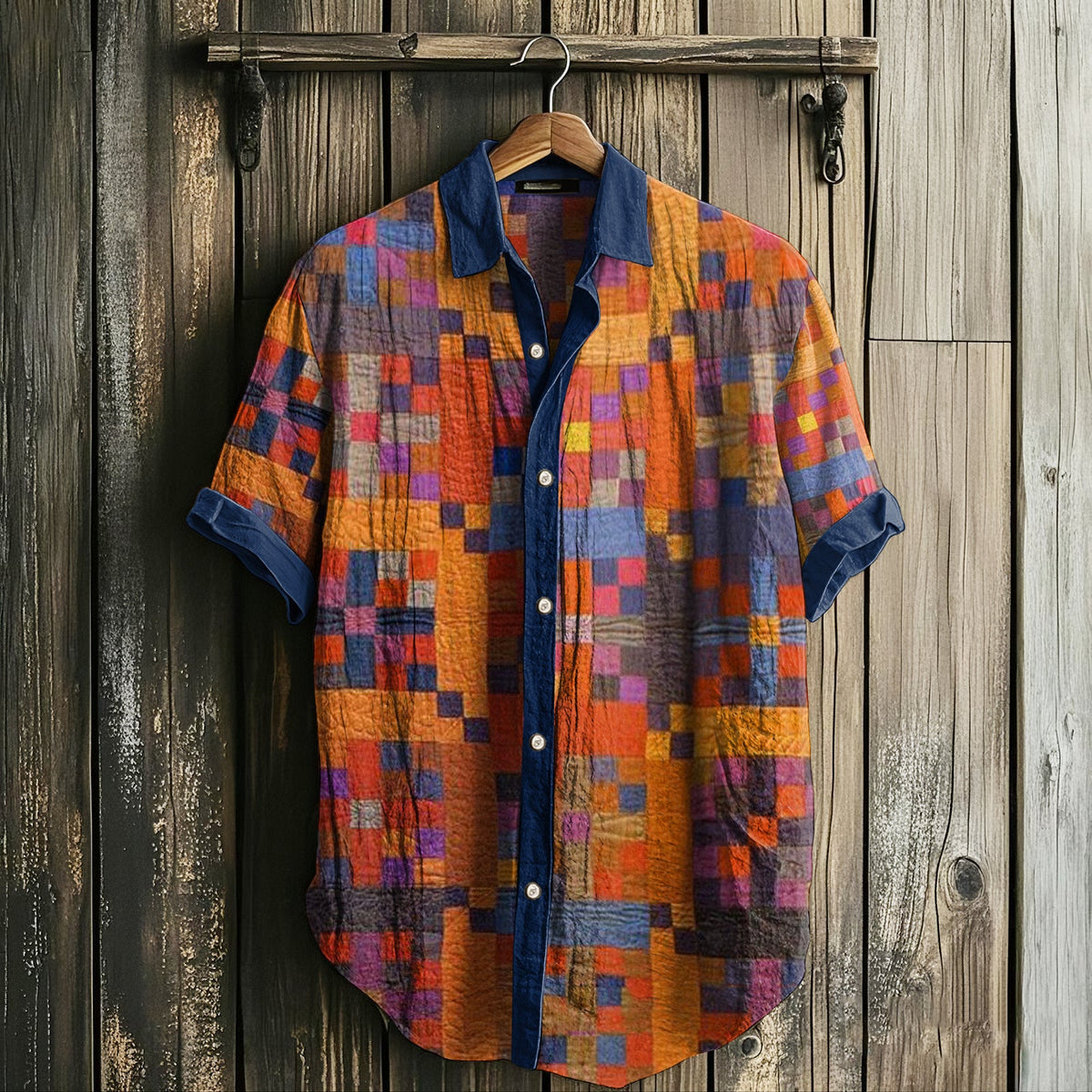 Men's Retro Amish Quilt Patchwork Short Sleeved Linen Shirt elevenforest