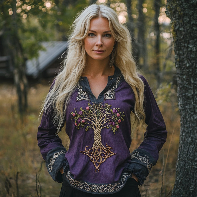 Women's Viking Floral Tree Of Life Art Linen Print Casual Shirt elevenforest
