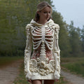Women's Vintage Halloween Skeleton Bones With Glitter And Rose Art Cozy Knit Hooded Sweater Dress artswardrobe