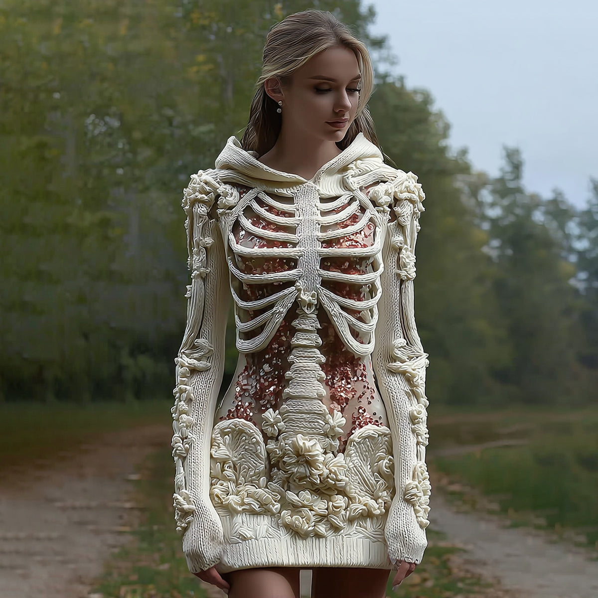 Women's Vintage Halloween Skeleton Bones With Glitter And Rose Art Cozy Knit Hooded Sweater Dress elevenforest