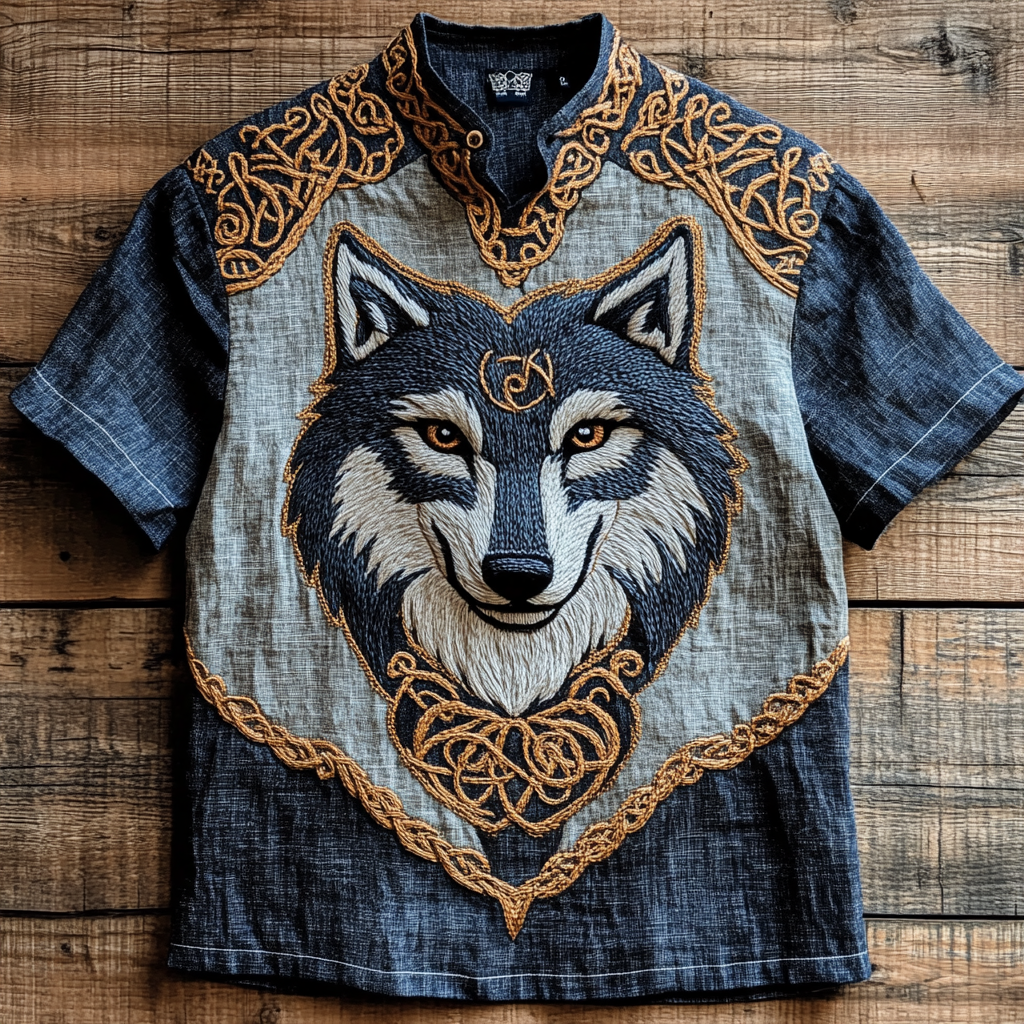Men's Viking Wolf Celtic Embroidery Art Linen Shirt elevenforest