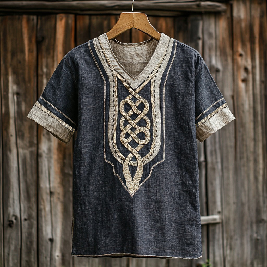 Men's Viking Celtic Knot Applique Embroidery Art Linen T-shirt elevenforest
