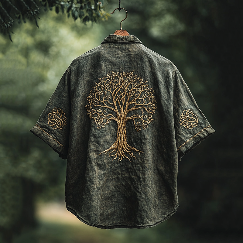 Men's Viking Tree Of Life Embroidery Pattern Linen Shirt elevenforest