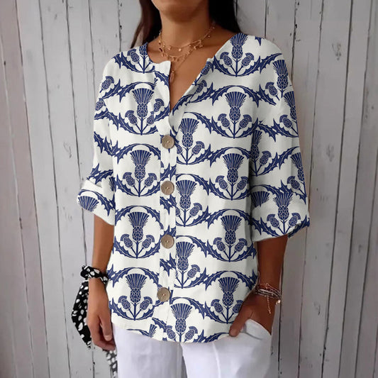 Comstylish Women's Scottish Thistle Print Button Down Shirt