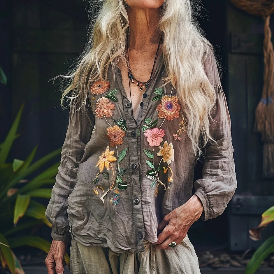 Bohemian Style Linen Floral Art Print Long Sleeve Loose  Shirt elevenforest