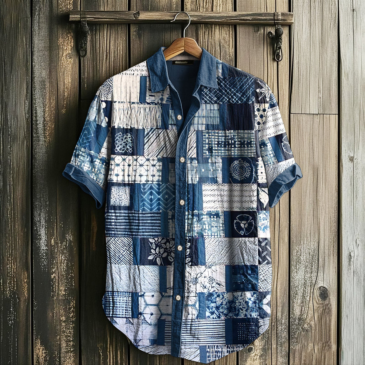 Men's Retro Geometry Patchwork Art Linen Casual Shirt elevenforest