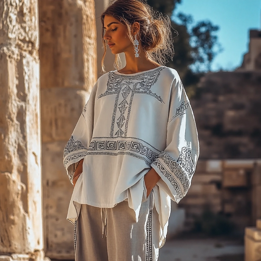 Vintage Greek Key Linen Blend Crew Neck T-shirt elevenforest