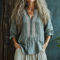 Comstylish Bohemian Linen Floral Art Print Long Sleeve Shirt